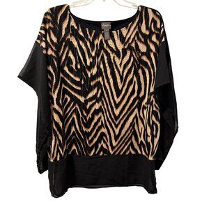 Chicos Travelers Zebra Print Tunic Top Size M Black & Beige blouse